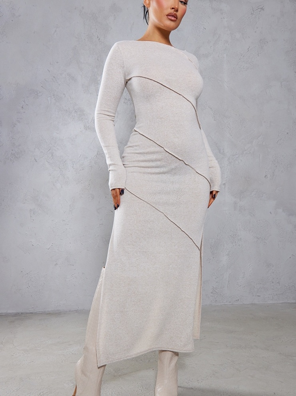 PrettyLittleThing Light Beige Asymmetric Seam Maxi Dress